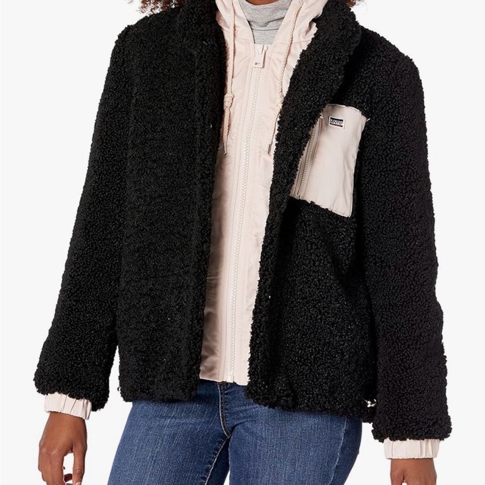 Levi’s Women's Black and Pink Hooded Sherpa Jacket